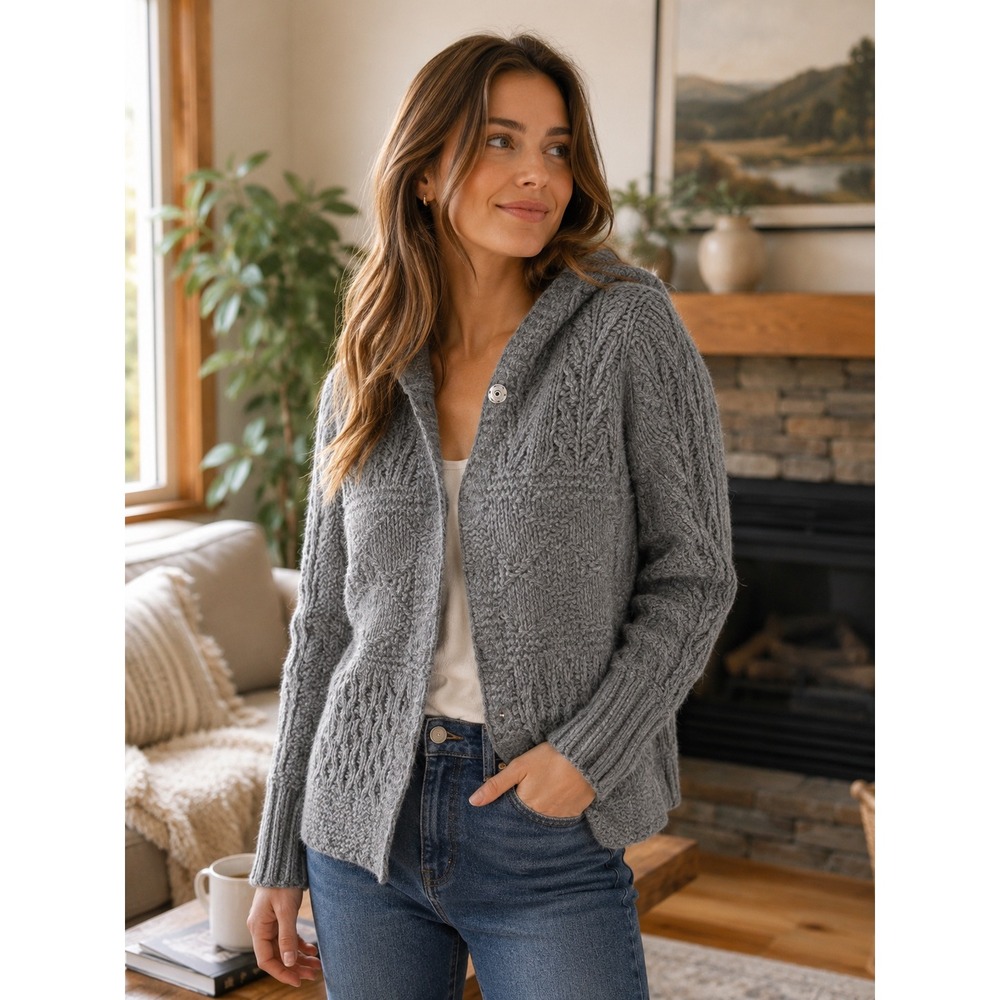 American Eagle Gray 100% Lambs Wool Hand Knit Hooded Cardigan Sweater Womens L